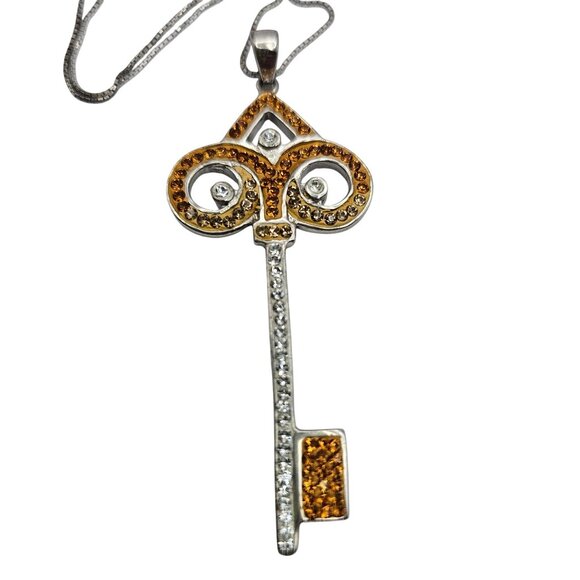Sterling Silver 925 Key Pendant Necklace Swarovski Crystals 18" - Picture 3 of 16
